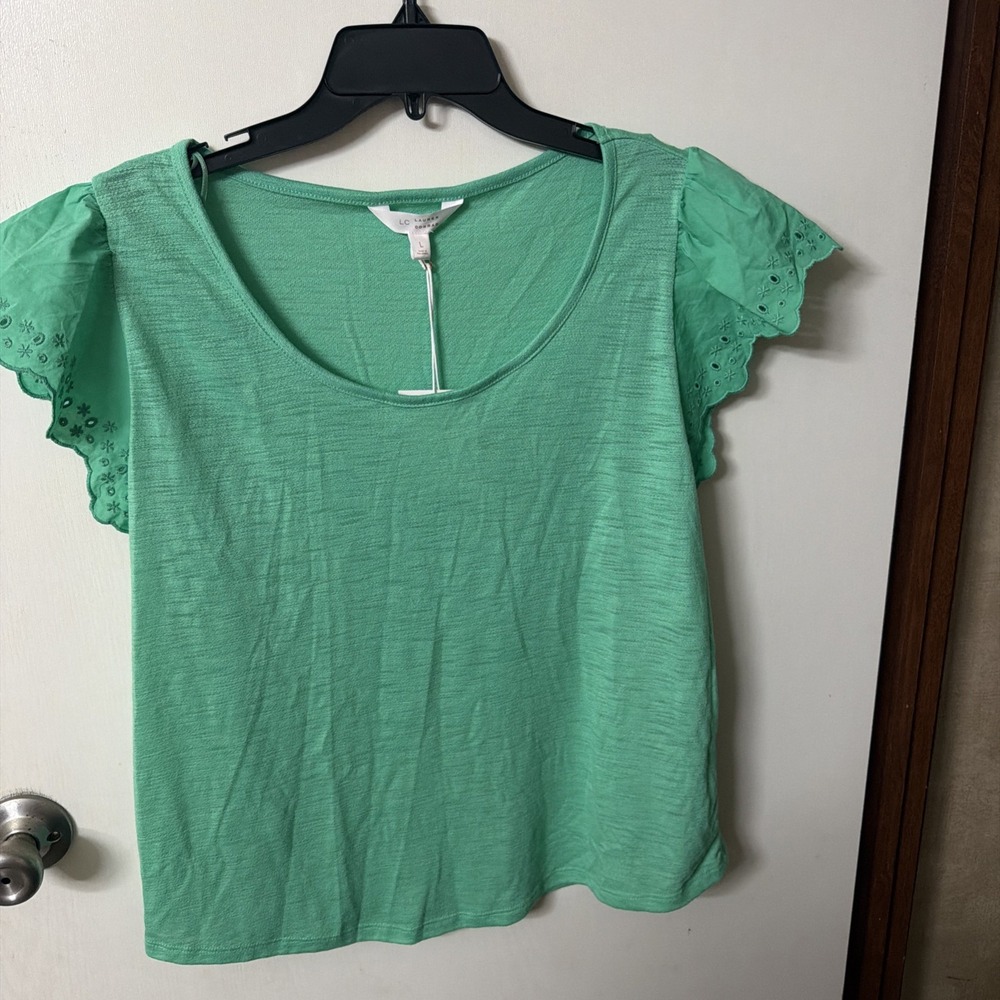 LC Lauren Conrad Green Eyelet Flutter Sleeve Slub Knit Top L
